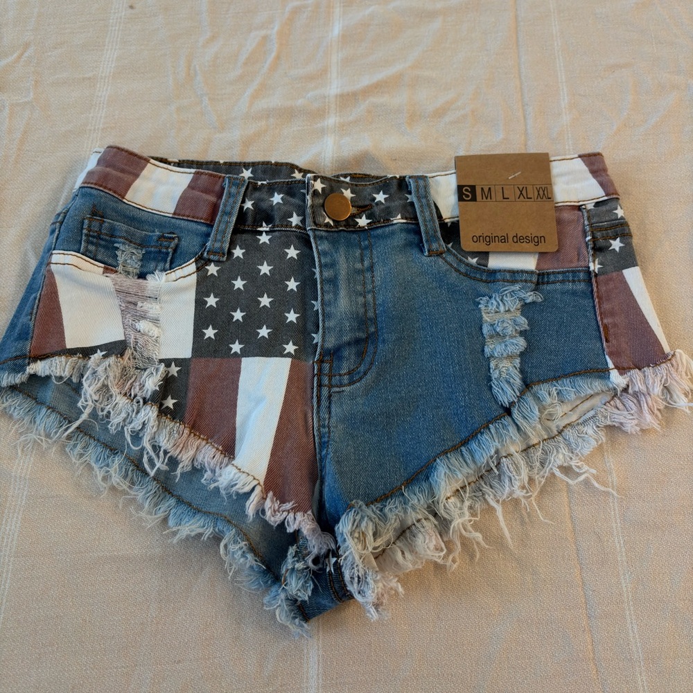 Distressed American Flag Denim Cutoff Shorts - Blue